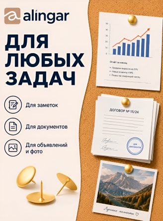 Кнопки канцелярские гвоздики, Alingar, омедненные (золотые),  картон. уп. 100 шт. фото 4