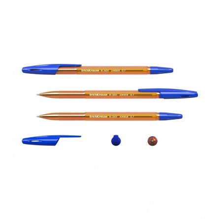 Ручка шариковая ErichKrause R-301" Stick Amber" 0.7мм, синий, пласт.полупрозрачный шестигранный корпус, грип профил., 3 шт. в упаковке фото 2