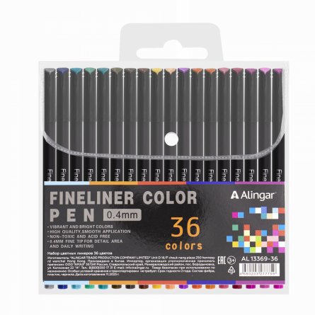 Набор разноцветных линеров Alingar, 36 цветов., 0,04 мм, черный цвет. корпус, ПВХ упаковка фото 1