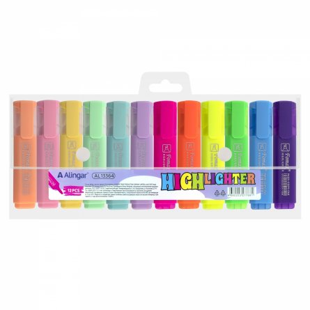 Набор текстовыделителей, 12 цветов, 6 пастель+6 неон, Alingar, "HIGHlighter", прямоугольный корпус, скошенный, пенал ПВХ с кнопкой, европодвес фото 1