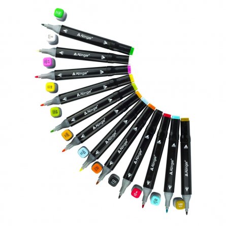 Набор скетчмаркеров DUO Alingar,12 цветов, базовые цвета, пулевидный/клиновидный 1-6 мм, спиртовая основа, ПВХ упаковка фото 2