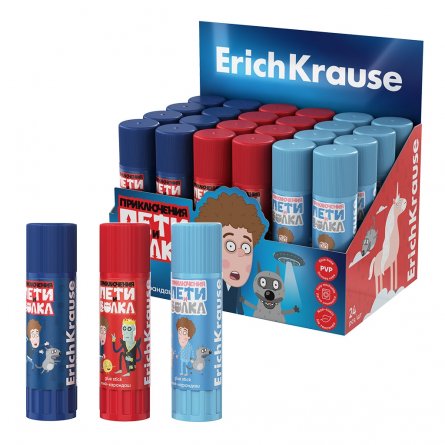 Клей-карандаш ErichKrause, 13 гр, на основе PVP, белый, картонная упаковка, EasyStick, "Приключения Пети и Волка", ассорти фото 1