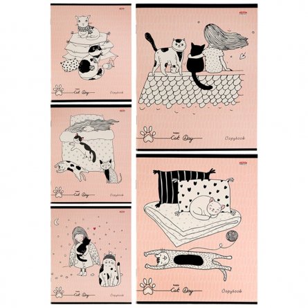 Тетрадь 48л., А5, линия, Проф-Пресс  "Кошачий день", скрепка, мелованный картон, 5 дизайнов в спайке фото 1