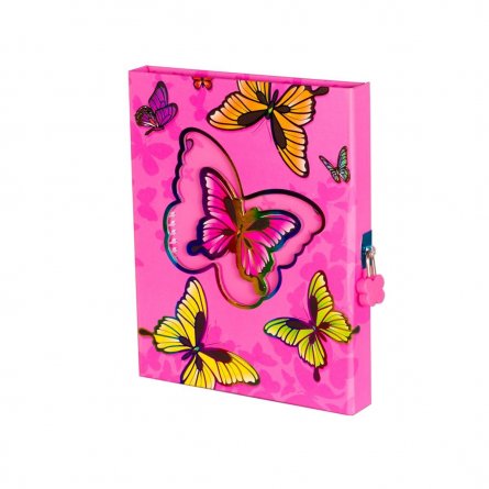 Подарочный блокнот в футляре 17 см * 22 см,  гребень, Alingar, ламинация, вырубка, тиснение, замочек, 60 л., линия, "Сверкающая бабочка", розовая фото 1