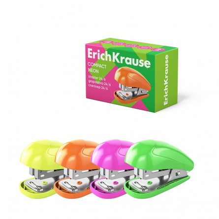 Степлер-мини №24/6, 26/6 ErichKrause Compact Neon  на 20 л., корпус пластик, ассорти фото 1