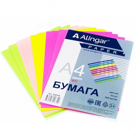 Бумага цветная для офиса А4, 100л., Неон "Mix", Alingar, 70г/м2, пленка т/у фото 1
