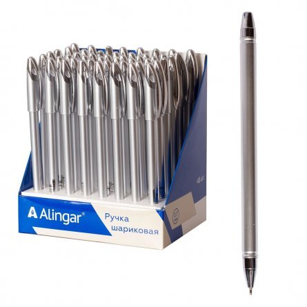 Ручка шариковая на масляной основе Alingar, 0,7 мм, синяя, игольчатый, металлизированный наконечник, круглый, серебрянный, пластиковый корпус фото 1