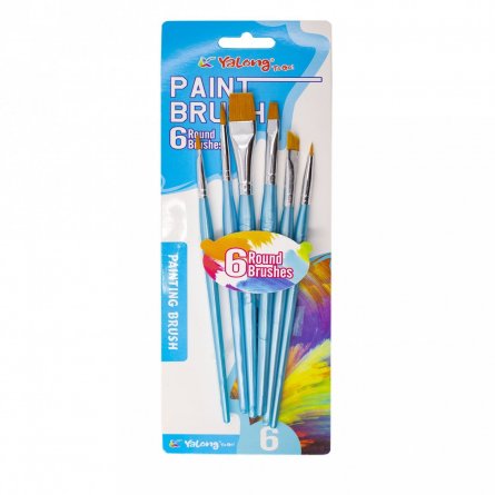 Набор кистей Yalong, 6 шт, нейлон, плоские №2, №6, №8, №14, круглые №2, №4, пластиковая ручка, блистер, голубые, европодвес. фото 2
