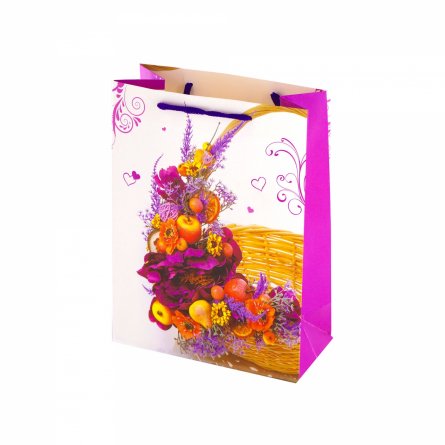Пакет подарочный бумажный Alingar, (М) 18х24х8,5 см, "Цветочно-фруктовый букет", ламинация, (4 дизайна в коробе) фото 2