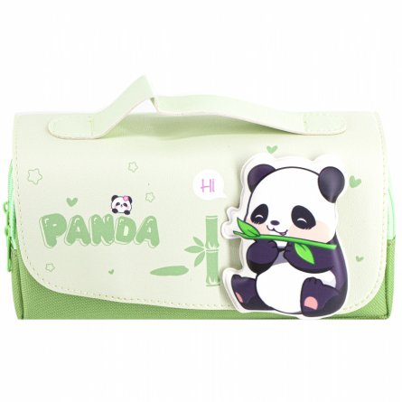 Пенал - косметичка Alingar, ПВХ/ткань, молния, 2 отделения, боковой карман, липучка, ручка, 190 х 80 х 50 мм, "PANDA", зеленый, европодвес фото 1