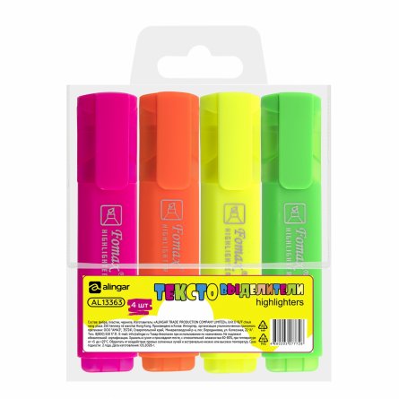 Набор текстовыделителей, 4 цвета, неон, Alingar, "HIGHlighter", прямоугольный корпус, скошенный, пенал ПВХ, европодвес фото 1