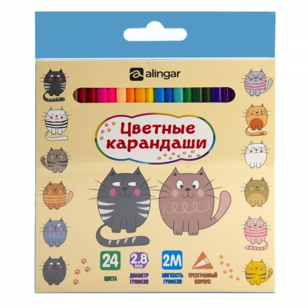 Карандаши цветные Alingar 24 цв., "Котята", деревянные, трехгранные, заточенные, грифель 2.8 мм, картон. уп., европодвес фото 5