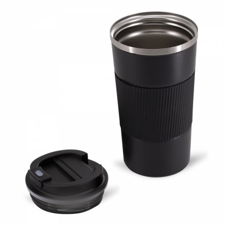 Термокружка Alingar, 500 мл, пищевой пластик, нерж. сталь 304 марки, силиконовая манжета, крышка с фиксатором, силиконовый уплотнитель, черная фото 2