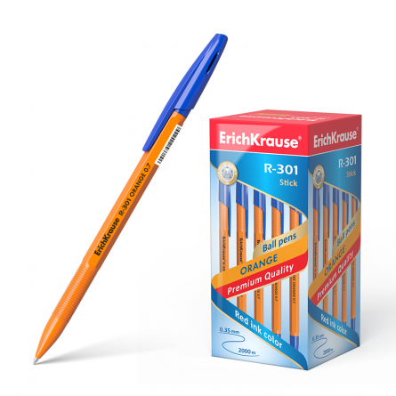 Ручка шариковая Erich Krause"R-301 Orange Stick", 0,7 мм, синий, шестигранный оранжевый пластиковый корпус, картонная упаковка фото 1