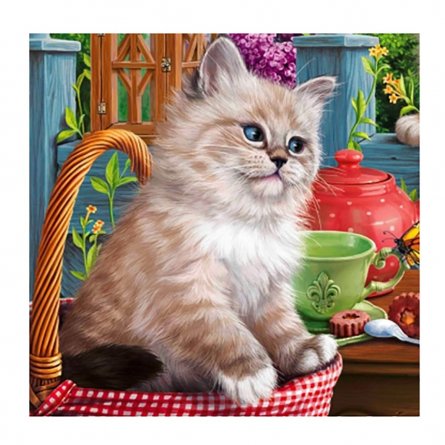 Алмазная мозаика Рыжий кот, на подрамнике, с полным заполнением, (класс.), 20х20 см, 28 цветов, "Котик в корзине" фото 1