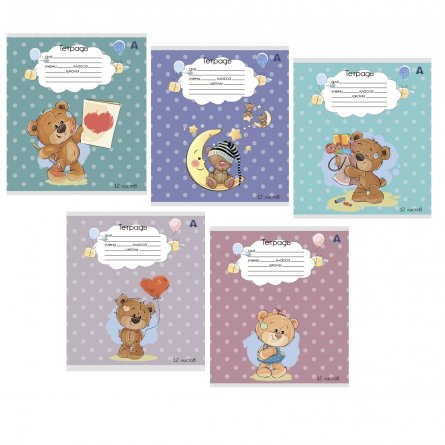 Тетрадь 12л., клетка, Alingar, скрепка, блок офсет, 100% белизна,  мелованный картон (стандарт), "Плюшевые мишки", 5 дизайнов в пленке т/у фото 1