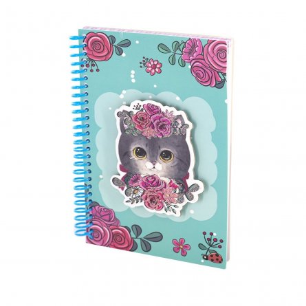 Подарочный блокнот в футляре, 15,5 см * 21 см, гребень, Alingar, мат.ламин, глиттер, замочек, линия, 60 л., "Кошечка в розах", бирюзовый фото 2