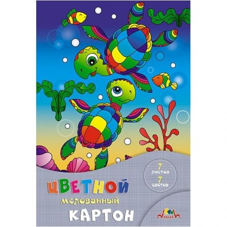 Картон цветной Апплика, А4, 7 листов, 7 цветов, мелованный, картонная папка, "Два черепашонка" фото 1