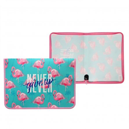 Папка 1 отделение, А4 230х325х25 мм, Пчелка, пластик, дизайн  с двух сторон, молния вокруг, "Фламинго и пальмы" фото 1