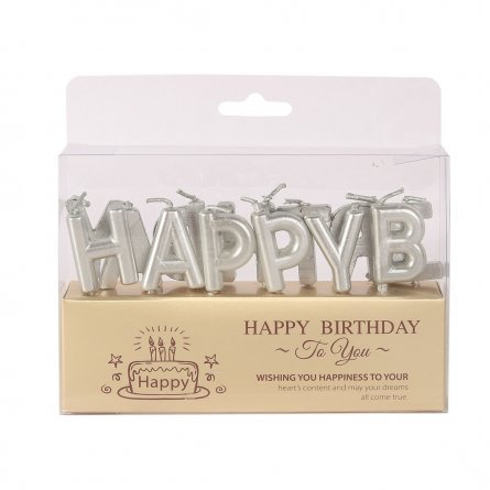 Набор свечей для торта Alingar, 2,5 см, на пиках, "Happy birthday", цвет серебро, блистер с европодвесом фото 1