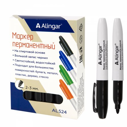 Маркер перманентный, Alingar, черный, утолщенный пулевидный, 2-3 мм, 12 шт/уп фото 1