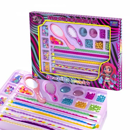 Набор для создания украшений-бусины Alingar, 430х310х32мм,"Hair Strands", 7вид.бус.,подвес.,зеркало, расческа, пряди, блески, 1х1,2 м леска, карт. уп. фото 1