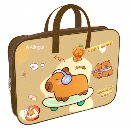 Папка с ручками 1 отделение, А4 260х340х80 мм, Alingar, "Капибара", ПВХ, ручки тесьма, дизайн с одной стороны, молния сверху, внутр. карман фото 1