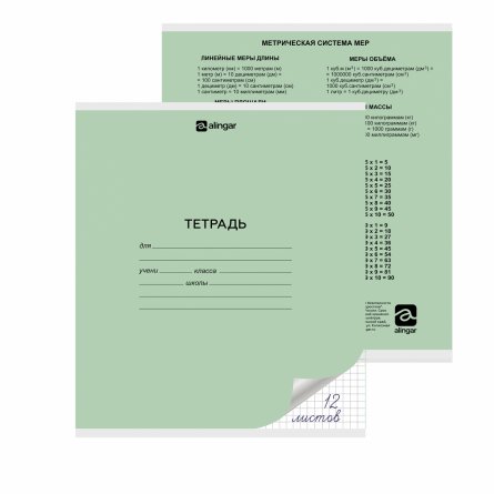 Тетрадь 12л., клетка, Alingar, скрепка, блок офсет, 100% белизна, мелованный картон (стандарт), "Зелёная" фото 2