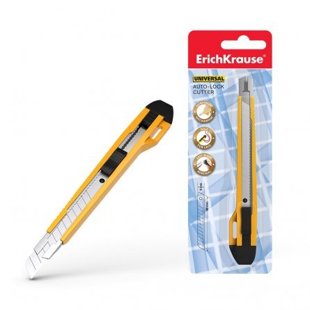Нож канцелярский ERICH KRAUSE, auto-lock 9 мм, пластик. корпус, желтый фото 1