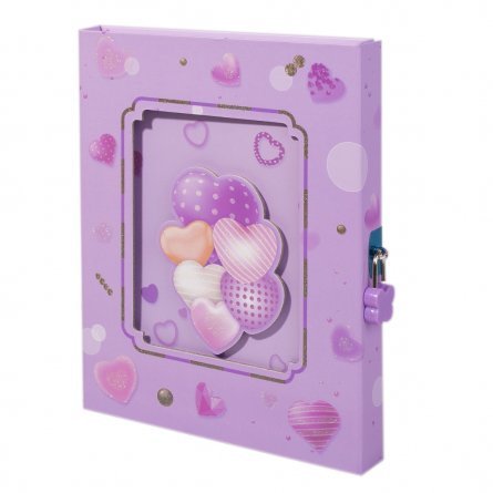 Подарочный блокнот, пакет, А5, Alingar, замочек, "Фиолетовые сердечки" фото 1