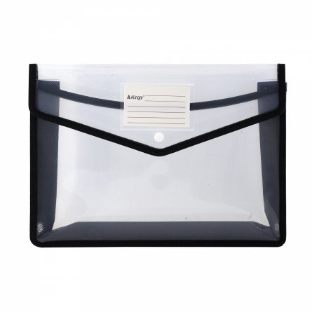 Папка-конверт на кнопке Alingar, A4, 250х330х75 мм, 450 мкм, горизонтальная, карман для визитки, черный цвет, прозрачная фото 1