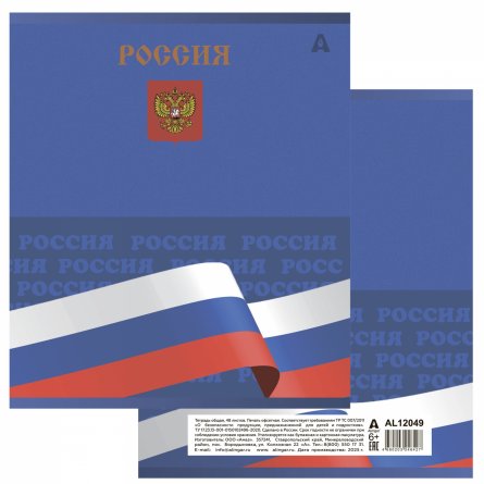 Тетрадь 48л, А5, клетка, Alingar, "Символика России", скрепка,мелованный картон (стандарт), выб УФ лак,  блок офсет, 5 дизайнов в пленке т/у фото 10