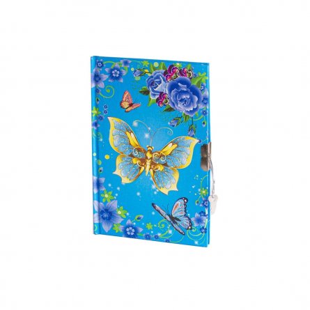 Подарочный блокнот А5, 7БЦ, Alingar,  ламинация, глиттер, замочек, 40 л., линия, "Голубая бабочка" фото 1
