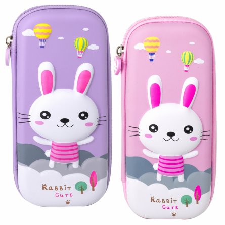 Пенал - косметичка Alingar, EVA, молния, 1 откидная планка, карман сетка, объем. рисунок, 80 х 210 мм, "RABBIT cute", зайчик, микс (роз., сиреневый) фото 1