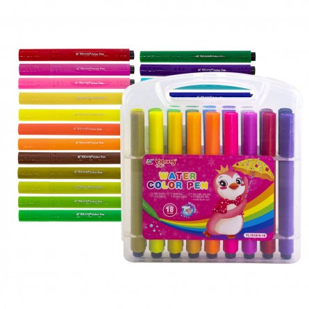 Фломастеры, 18 цв, Yalong, корпус трехгранный, пулевидный наконечник, "Забавные животные" вентилируемый колпачок, пластиковый пенал, европодвес фото 1