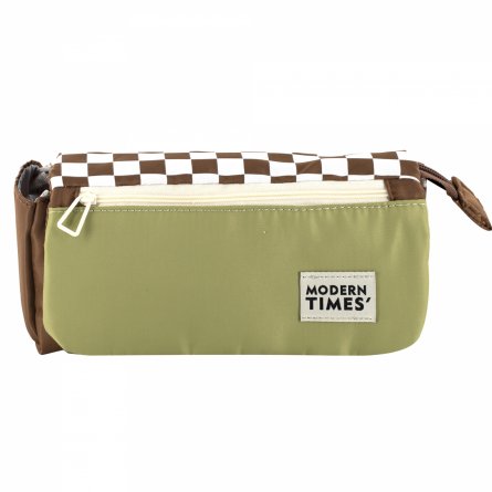 Пенал - косметичка Alingar, ткань, молния, боковой карман, липучка, 200 х 90 х 45 мм, "Modern TIMES", коричневый/хаки, дизайн клетка, европодвес фото 1