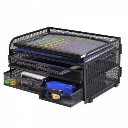 Лоток для бумаг и канцтоваров горизонтальный, Alingar, металл,  24* 10см*34 см, 3 выдвижных ящика, черный фото 1