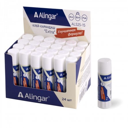 Клей-карандаш Alingar, 15 гр, "Extra" на основе PVA, пластиковый тюбик, 24 шт/уп, картонный шоу-бокс фото 2
