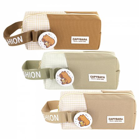 Пенал - косметичка Alingar, ткань, молния, значок, петля, 190 х 70 х 60 мм, "Capybara. Have a good idea", микс (коричн, беж, св-корич), европодвес фото 1