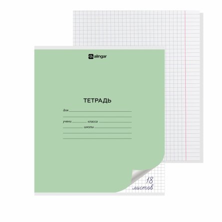 Тетрадь 18л., клетка, Alingar, скрепка, блок офсет, 100% белизна, мелованный картон (стандарт), "Зелёная" фото 1