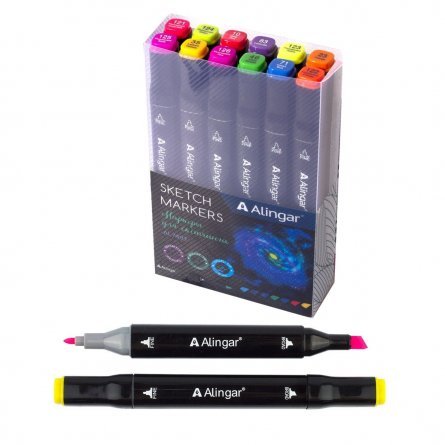 Набор двухсторонних скетчмаркеров Alingar,12 цветов, основные+флюоресцентные, пулевидный/клиновидный 1-6 мм, спиртовая основа, ПВХ упаковка фото 1
