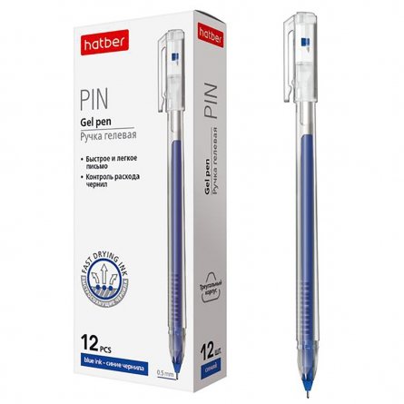 Ручка гелевая, HATBER,"Pin" синяя, 0,5 мм.,трехгранный корпус 12 шт, картонная упаковка фото 1