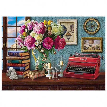 Алмазная мозаика Рыжий кот, на подрамнике, с частичным заполнением, (матов.), 40х50 см, 34 цвета, "Натюрморт с цветами и печатной машинкой" фото 1