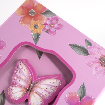 Подарочный блокнот в футляре, 15,5 см * 21 см, гребень, Alingar, мат.ламин, глиттер, замочек, линия, 60 л., "Бабочки среди цветов", розовый фото 3