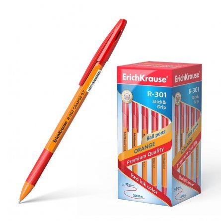 Ручка шариковая Erich Krause "R-301. Orange Stick&Grip", 0,7 мм, красная, резиновый грип, шестигранный, оранжевый пластиковый корпус фото 1