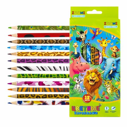 Карандаши цветные Zoomi 12 цв., "ZOO. Джунгли" деревянные, шестигранные, заточенные, дизайн на корпусе, грифель 3.0 мм, картон. уп., европодвес фото 1