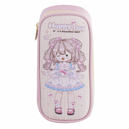 Пенал - косметичка Alingar, ПВХ/ткань, молния, 1 откидная планка, 210 х 90 х 45 мм, "Happy Day" девочка, микс (розовый, фиолет, св-роз), европодвес фото 2