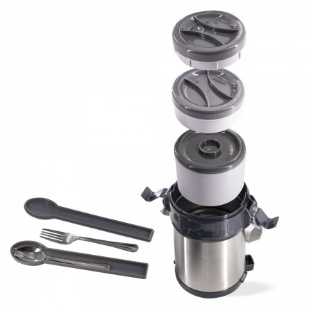 Термос для еды Alingar, объем 2 л., серый,  высота 22 см, диаметр 12,5 см, корпус металл/пластик, 3 контейнера, с приборами, ремешок, картон. упаковка фото 2