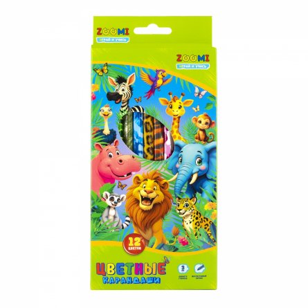 Карандаши цветные Zoomi 12 цв., "ZOO. Джунгли" деревянные, шестигранные, заточенные, дизайн на корпусе, грифель 3.0 мм, картон. уп., европодвес фото 3