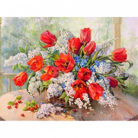 Алмазная мозаика Рыжий кот, с подрамником, с частичным заполнением, (клас.), 40х50 см, 20 цветов, "Весенний букет цветов на столе" фото 1